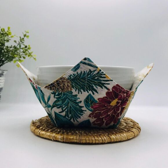 Microwave Soup Bowl Cozy, Reversible, Holiday Festive Dahlias Best Gift Idea - Picture 4 of 10